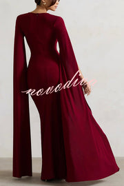 Elegant Goddess Square Neck Twisted Cape Sleeve Slit Maxi Dress