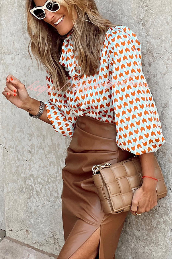 Ivanna Geometric Print Tie Puff Sleeve Blouse