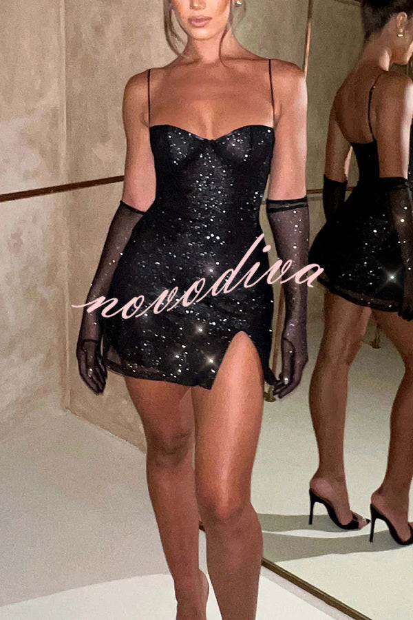 Glow At Night Glitter Fabric Slip Slit Mini Dress with Mesh Gloves