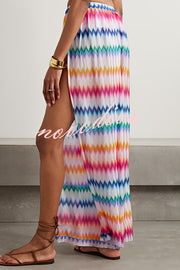 Colorful Zigzag Pattern Halter Neck Stretch Bikini and Elastic Waist Slit PantsThree-Piece Set