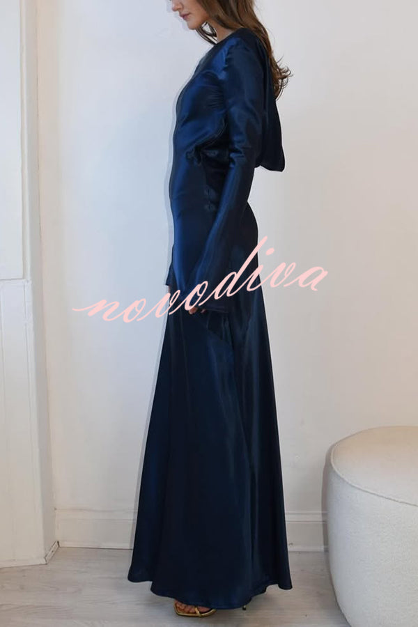Satin Elegant Long-sleeved Open-back Slim-fit Slit Maxi Dress