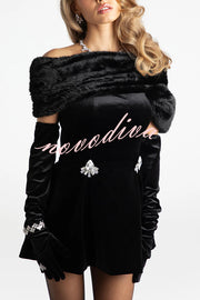 Stylish Velvet Off-shoulder Fitted Mini Dress and Fluffy Shawl, Velvet Gloves Three-piece Set