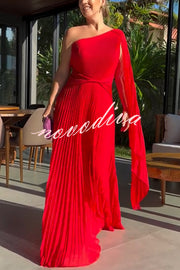 Kate Pleated One Shoulder Drape Sleeve Twist Waist Maxi Dress