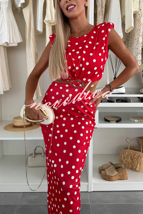 Roxane Polka Dot Print Shoulder Pad Metal Cutout Waist Slit Stretch Maxi Dress