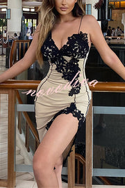 Sexy Lace Paneled Deep V Suspender Slim Midi Dress