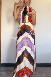 Unique Print Sleeveless Stretch Stand Collar Top and Elegant Maxi Skirt Set