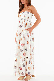 Long Weekend Linen Blend Shells Unique Print Smocked Pocket Lightweight Maxi Dress