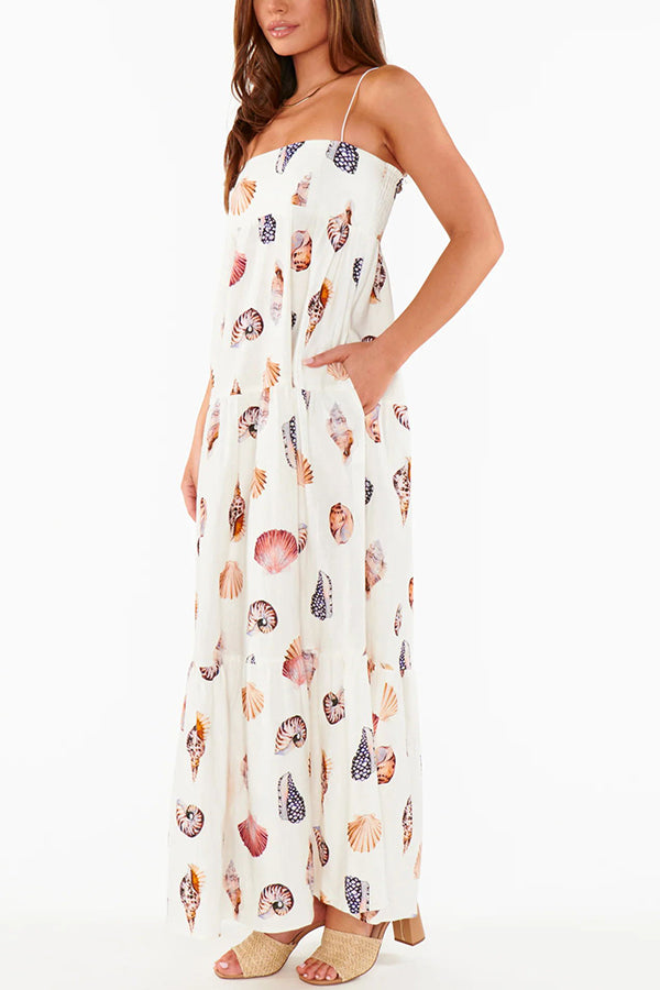 Long Weekend Linen Blend Shells Unique Print Smocked Pocket Lightweight Maxi Dress