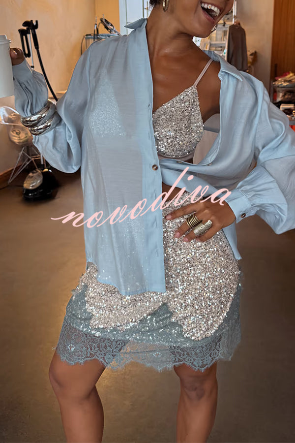 Power of Styling Sequin Lace Trim Elastic Waist Mini Skirt