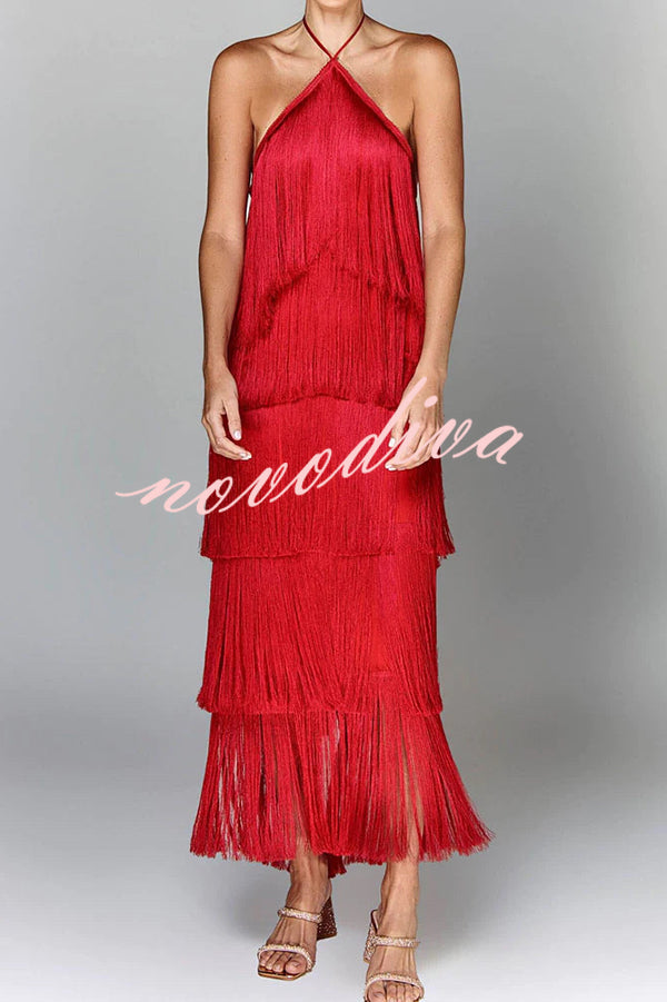 Sexy Halterneck Backless Elegant Fringe Maxi Dress