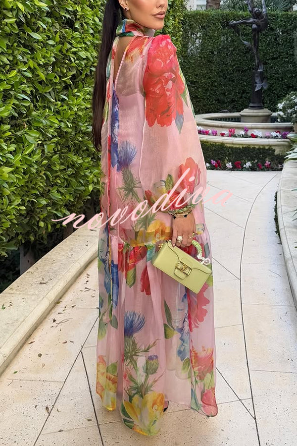 Garden Blooms Organza Floral Print Tie-up Neck Balloon Sleeve Loose Maxi Dress