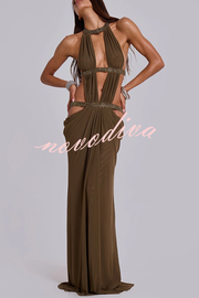 Khaki Hot-fix Rhinestone Shoulder Strap Cutout Design Backless Drape Maxi Dress