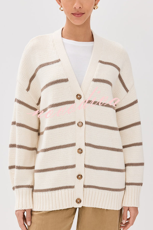 Striped Loose V-neck Long-sleeved Casual Knit Cardigan