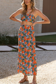 Linen Blend Summer Fruit Print Camisole Top and Elegant Lace Back Slit Maxi Skirt Set