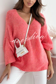 Solid Color Loose V-neck Casual Knitted Sweater