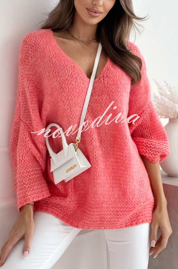 Solid Color Loose V-neck Casual Knitted Sweater