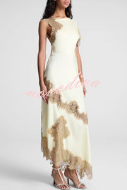 Paris Dream Satin Lace Trim Irregular Design Drape Maxi Dress