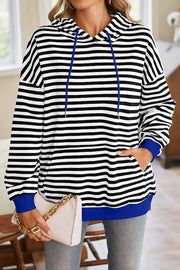 Striped Print Long Sleeve Pocket Loose Hoodie