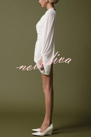 Solid Color Round Neck Lantern Long Sleeve Pleated Casual Mini Dress