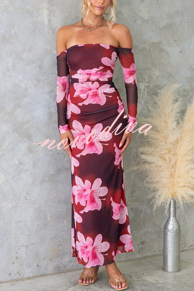 Floral Fantasy Mesh Off Shoulder Long Sleeve Stretch Maxi Dress