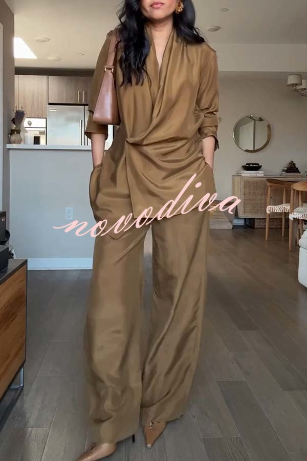 Bella Satin Drape Collar Single Button Casual Blazer and Elastic Waist Pocket Loose Pants Set