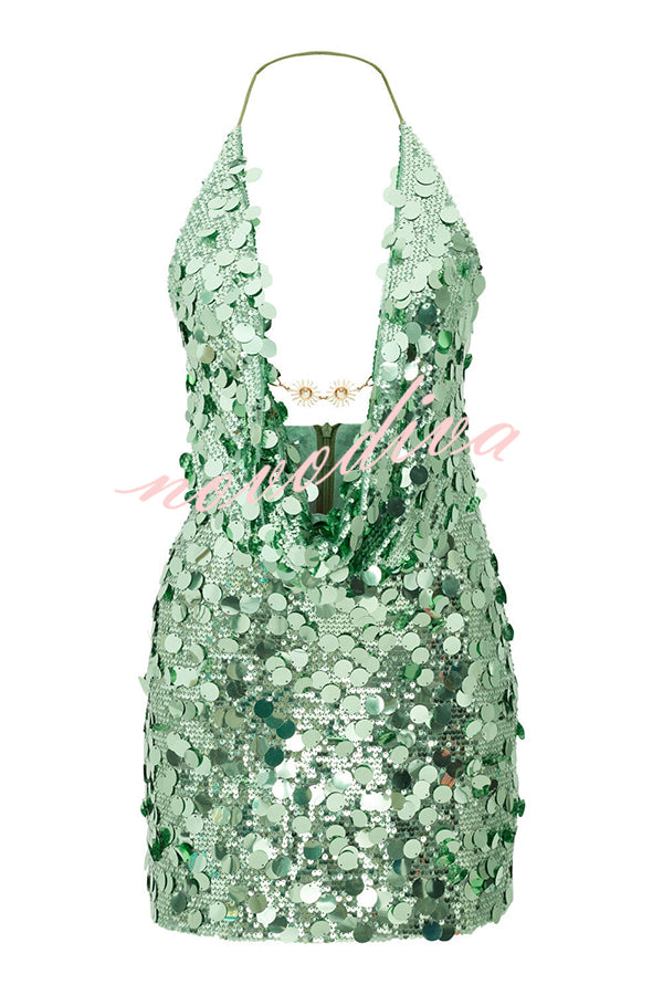 Sexy Halter Neck Sequined Open Back Mini Dress