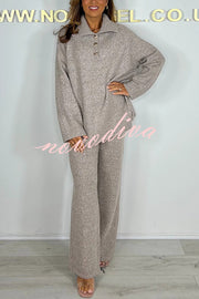 Solid Color Lapel Long-sleeved Loose Top and Elastic Waist Casual Pants Set