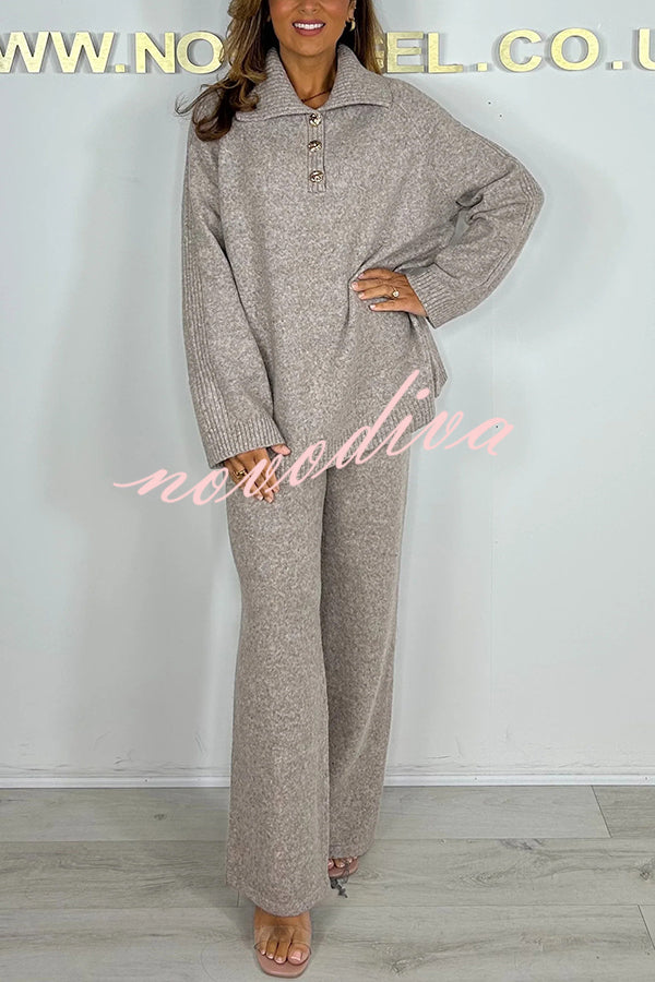 Solid Color Lapel Long-sleeved Loose Top and Elastic Waist Casual Pants Set