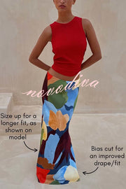 Bright and Bold Satin Abstract Color Blocks Print Elastic Waist Drape Maxi Skirt