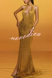 Glimmer Hour Shiny Layered Tassels Halter Cutout Neck Split Maxi Dress