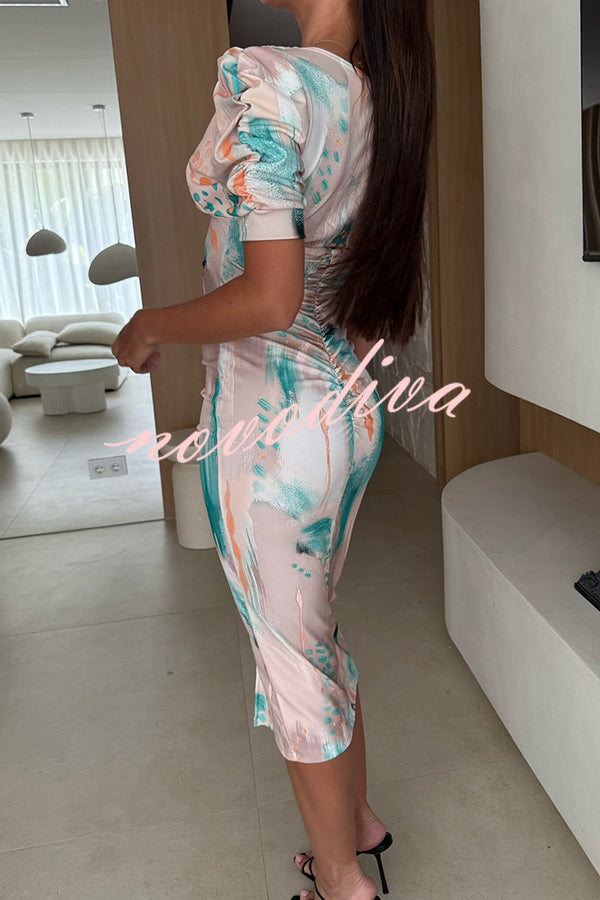 Unique Print V-Neck Puff Sleeve Slit Slim Midi Dress