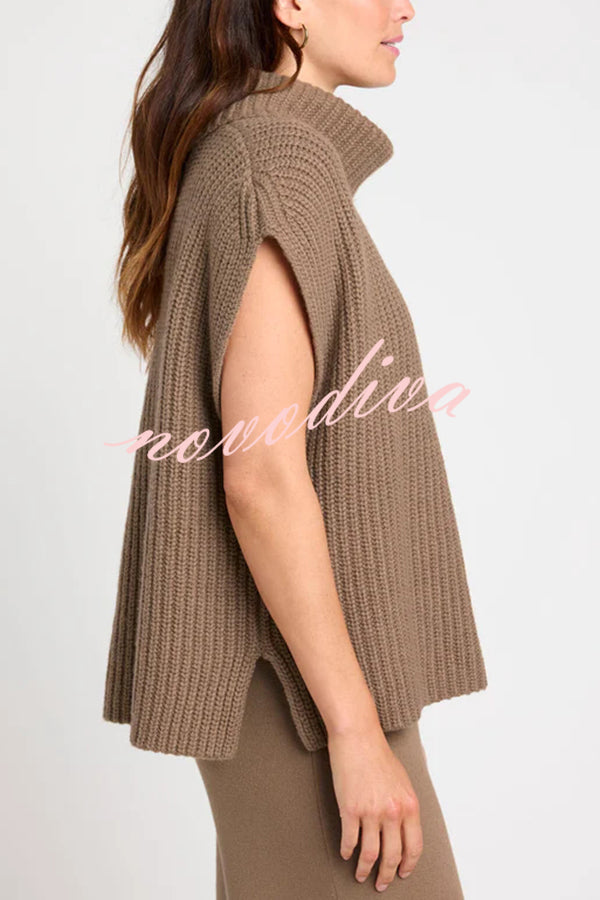 Comfortable and Luxe Knit TurtleNeck Cap Sleeves Lightweight Sweater