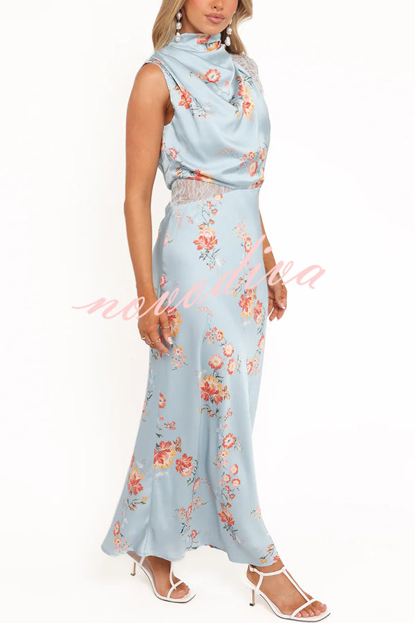 Anabelle Satin Lace Detail Floral Print High Cowl Neck Maxi Dress