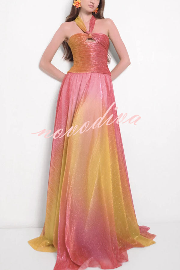 Vireya Metallic Fabric Gradient Print Ruched Cutout Halter Maxi Dress