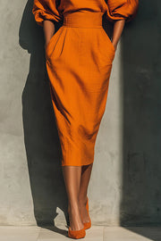 Elegant Puff Sleeve High-waisted Pocket Casual Midi Dress