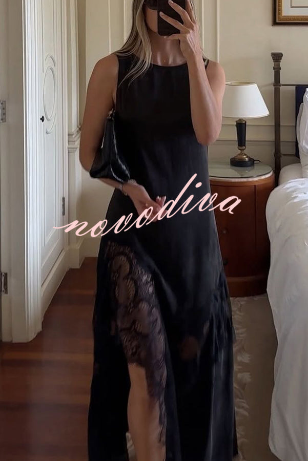 Pretty Soul Satin Lace Trim Wide Neck Irregular Hem Slit Maxi Dress