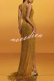 Glimmer Hour Shiny Layered Tassels Halter Cutout Neck Split Maxi Dress