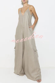 Zola Center Front Zipper Pocketed Wide Leg Loose Cargo Slip Jumpsuit