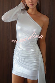 Sexy Asymmetric One-sleeve Pleated Stretch Slim Mini Dress