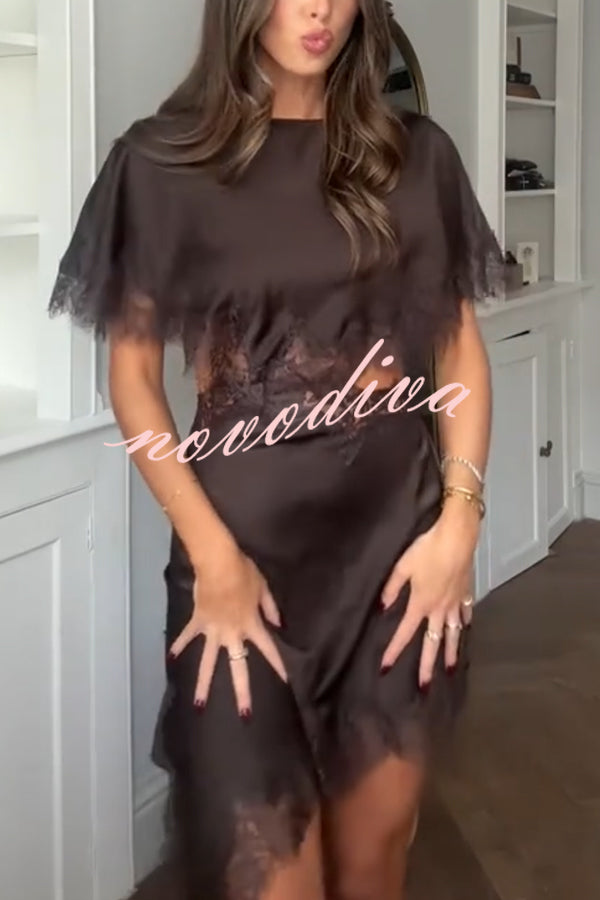 Jessica Satin Lace Trim Cape Sleeves Cutout Waist Asymmetrical Hem Midi Dress