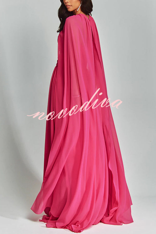 Romantic Party Chiffon Off Shoulder Sweetheart Neck Ruched Cape Maxi Dress