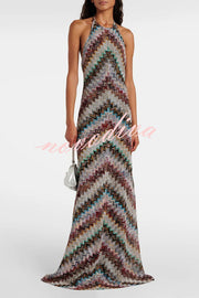 Jodie Knit Colorful Herringbone Print Halter Open Back Maxi Dress