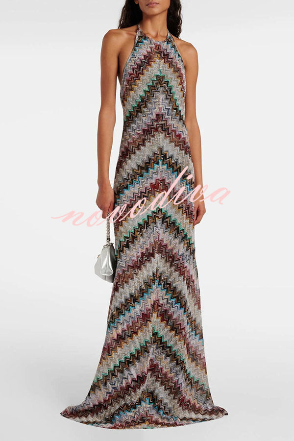 Jodie Knit Colorful Herringbone Print Halter Open Back Maxi Dress
