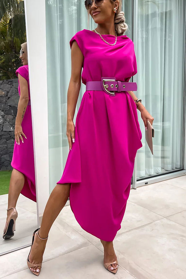 Extraordinary Cut Asymmetrical Short Sleeve Belted Loose Midi Dress