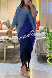 Fashionable Color-blocked Multi-layered Tassel Loose Midi Dress