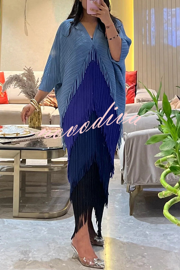 Fashionable Color-blocked Multi-layered Tassel Loose Midi Dress