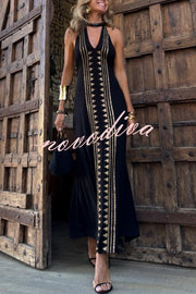 Meret Gold Geometric Print Halter Backless Stretch Maxi Dress