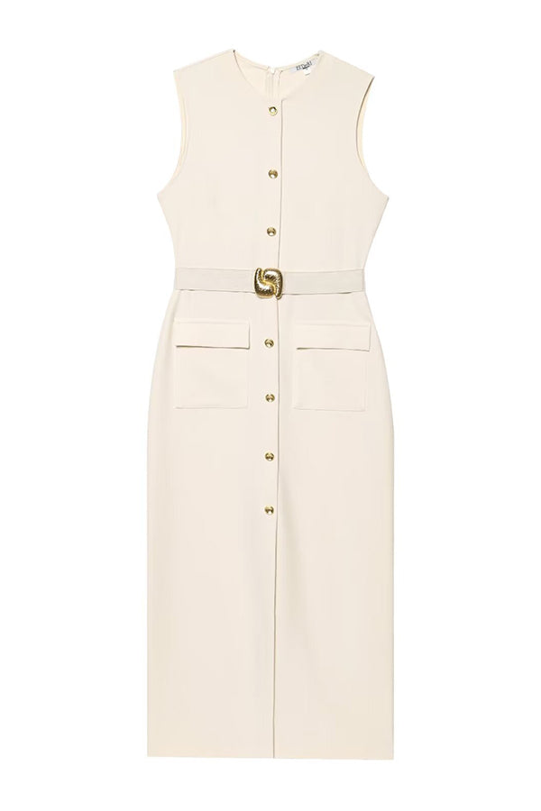 Danina Button Up Sleeveless Metal Belted Pocket Stretch Midi Dress