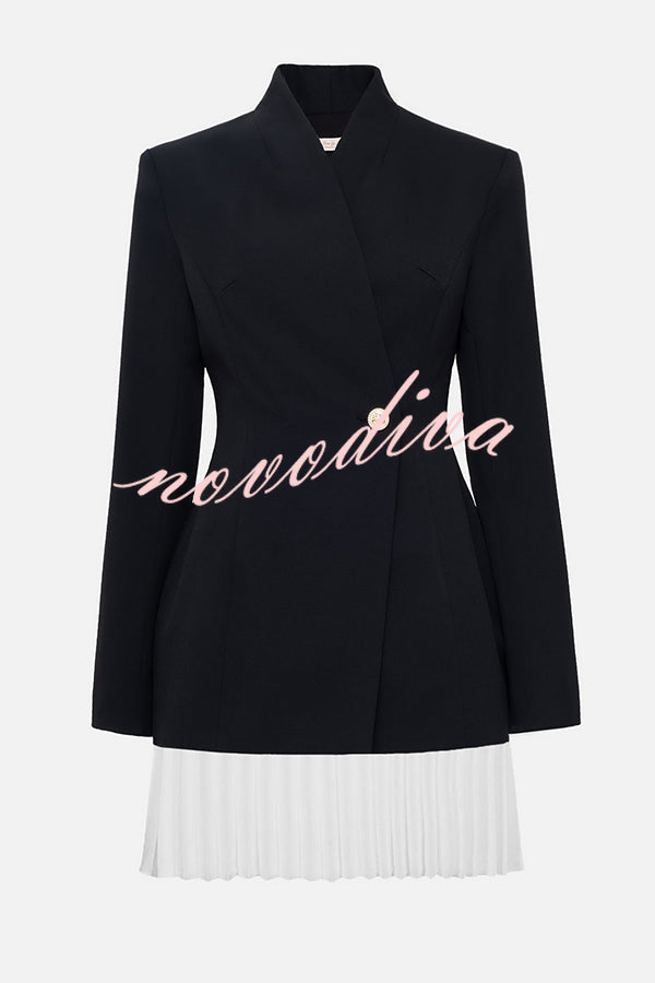Fashionable Contrast Color Elegant Long Sleeve Pleated Suit Mini Dress