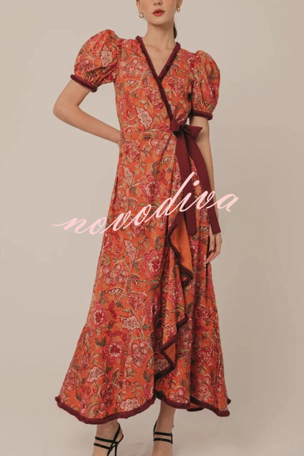 Bohemian Floral Print Elegant Puff Sleeve Holiday Maxi Dress